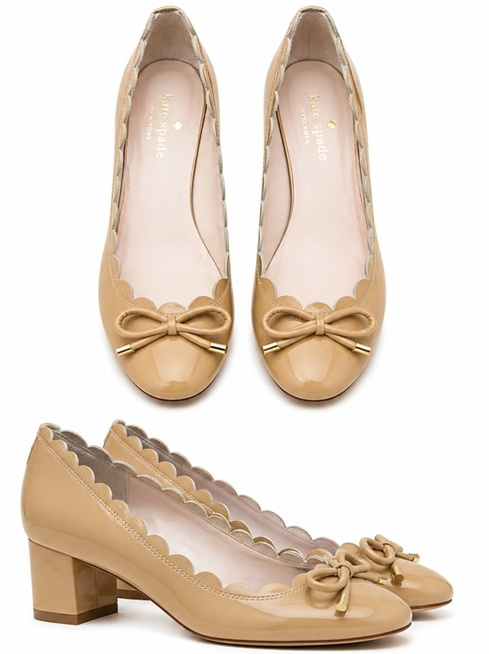 kate spade Shoes - kate spade Beige Patent Leather Scalloped Bow Block Heel Pumps